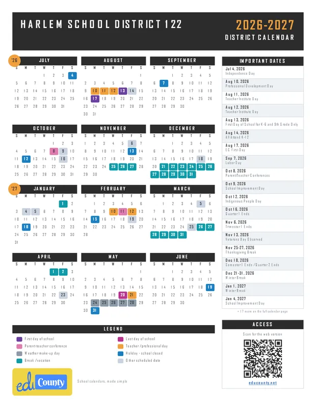 Harlem school district 122 printable 2026-27 calendar