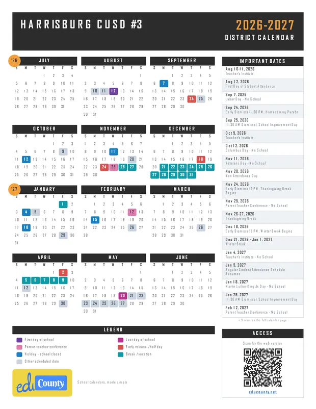 HARRISBURG CUSD #3 printable 2026-27 calendar