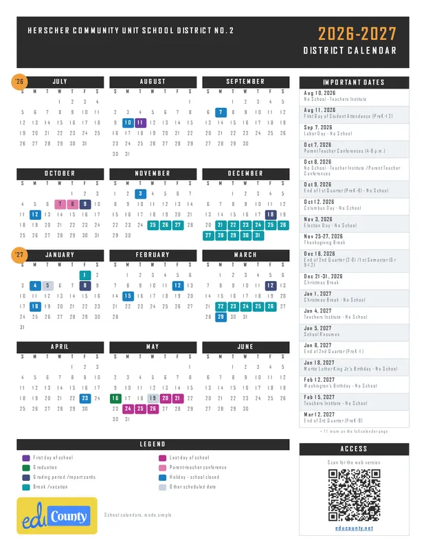 Herscher Community Unit School District No. 2 printable 2026-27 calendar