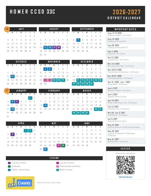 Homer CCSD 33C printable 2026-27 calendar