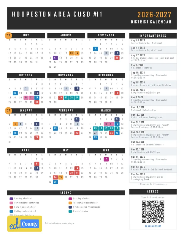 Hoopeston Area CUSD #11 printable 2026-27 calendar