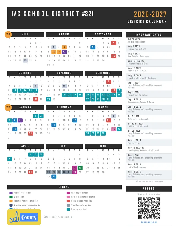 IVC School District #321 printable 2026-27 calendar