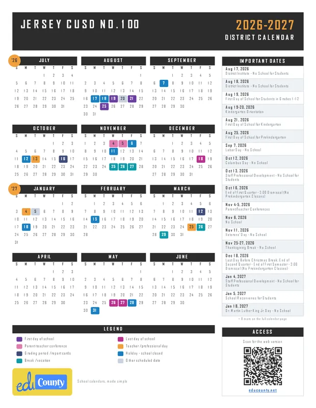 Jersey CUSD No. 100 printable 2026-27 calendar