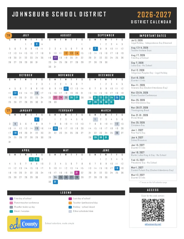 Johnsburg School District printable 2026-27 calendar