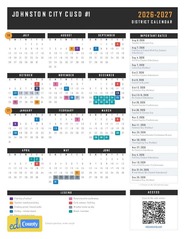 Johnston City CUSD #1 printable 2026-27 calendar
