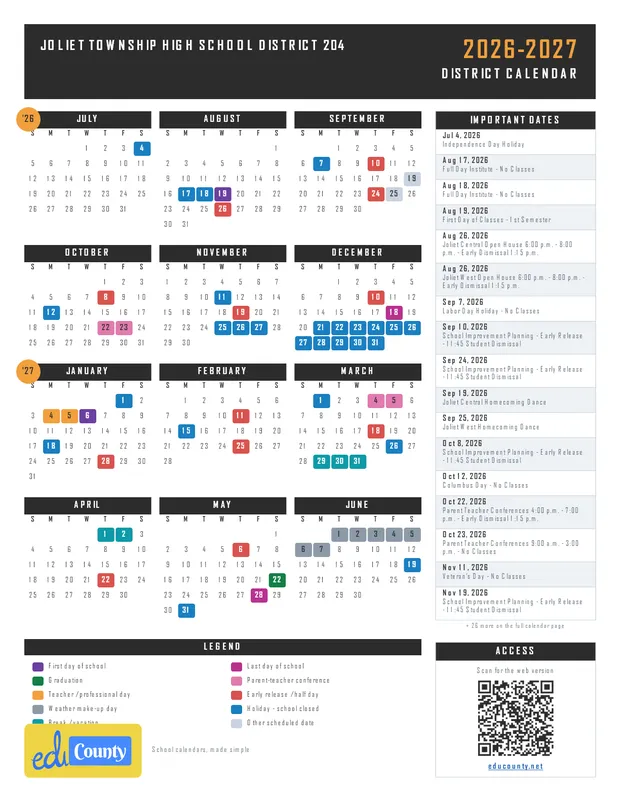 Joliet Township High School District 204 printable 2026-27 calendar