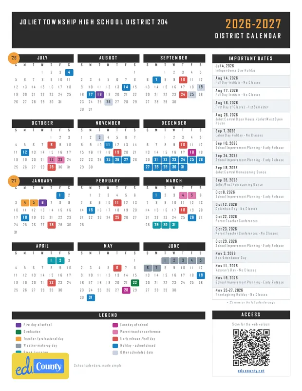 Joliet Township High School District 204 printable 2026-27 calendar