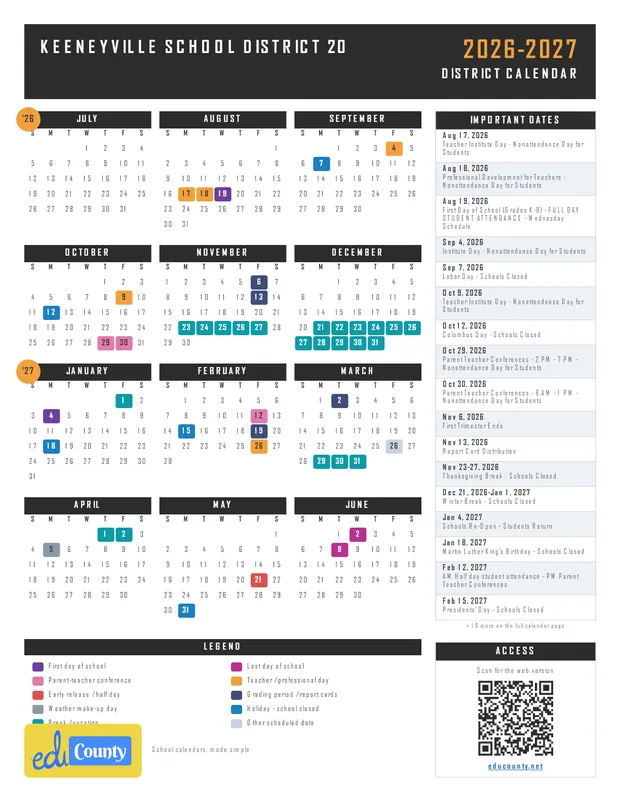 KEENEYVILLE SCHOOL DISTRICT 20 printable 2026-27 calendar