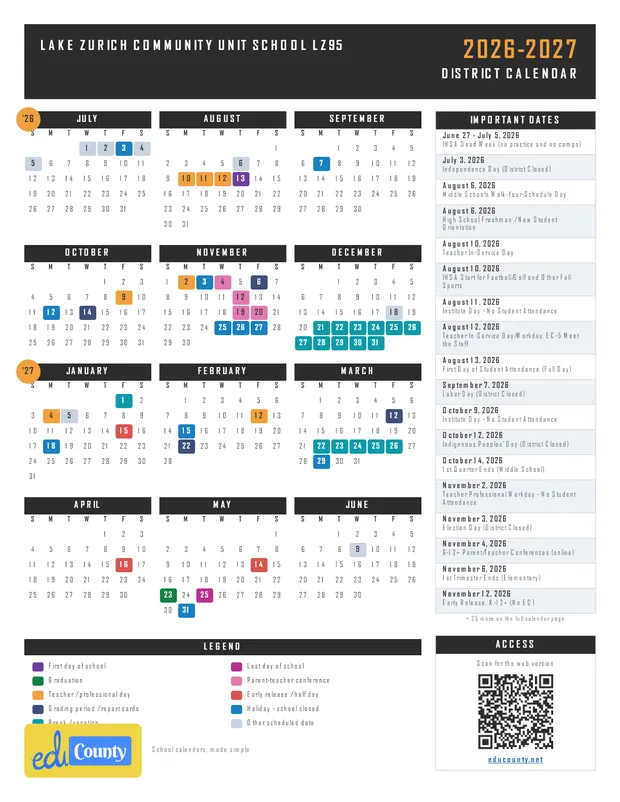 Lake Zurich Community Unit School LZ95 printable 2026-27 calendar