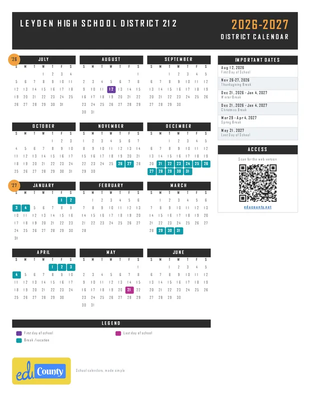 Leyden High School District 212 printable 2026-27 calendar