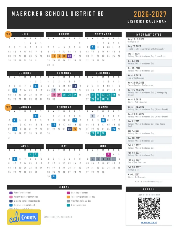 MAERCKER SCHOOL DISTRICT 60 printable 2026-27 calendar