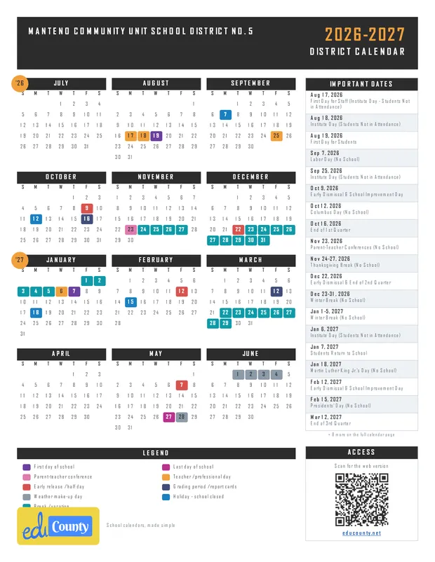 Manteno Community Unit School District No. 5 printable 2026-27 calendar