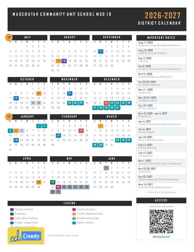 Mascoutah Community Unit School MSD 19 printable 2026-27 calendar