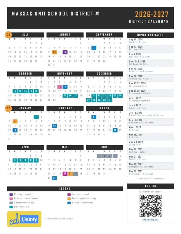 Massac Unit School District #1 printable 2026-27 calendar
