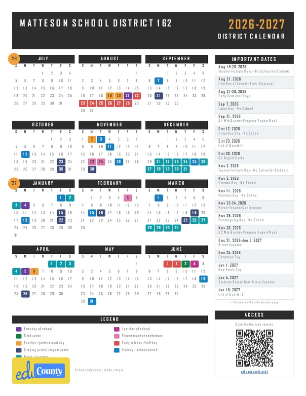 MATTESON SCHOOL DISTRICT 162 printable 2026-27 calendar