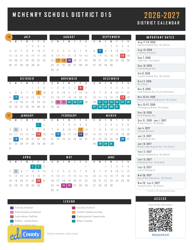 McHenry School District D15 printable 2026-27 calendar