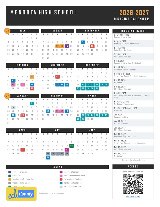 MENDOTA HIGH SCHOOL printable 2026-27 calendar