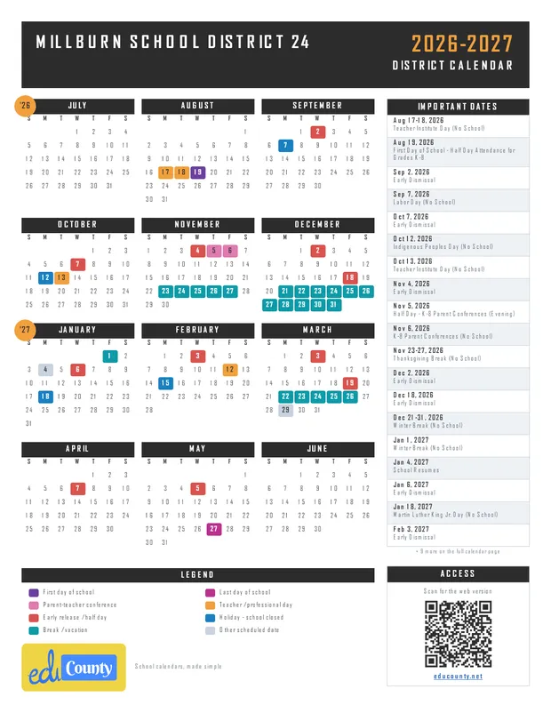 Millburn School District 24 printable 2026-27 calendar
