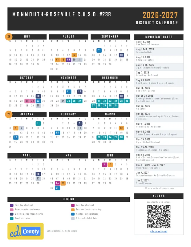 Monmouth-Roseville C.U.S.D. #238 printable 2026-27 calendar