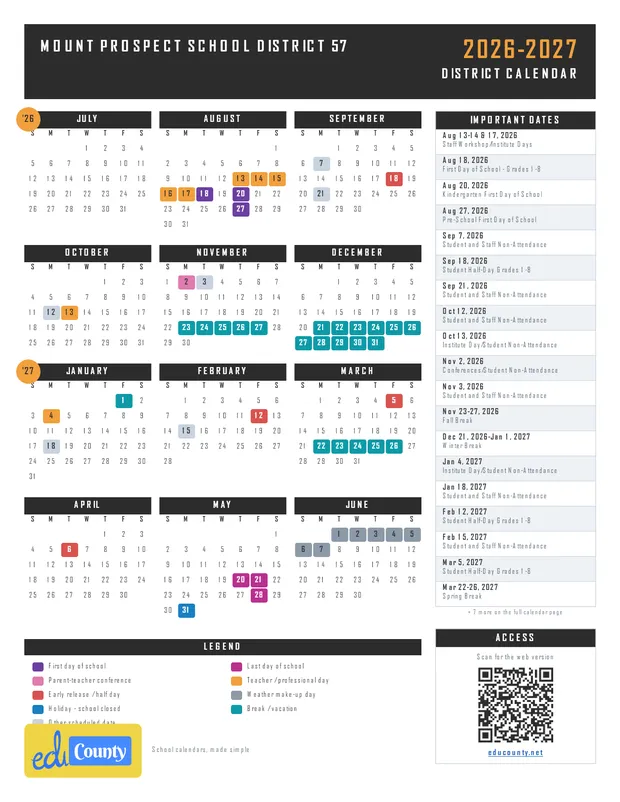 Mount Prospect School District 57 printable 2026-27 calendar