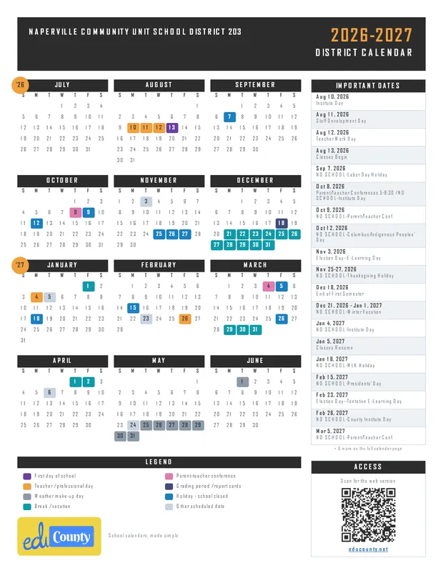 Naperville Community Unit School District 203 printable 2026-27 calendar