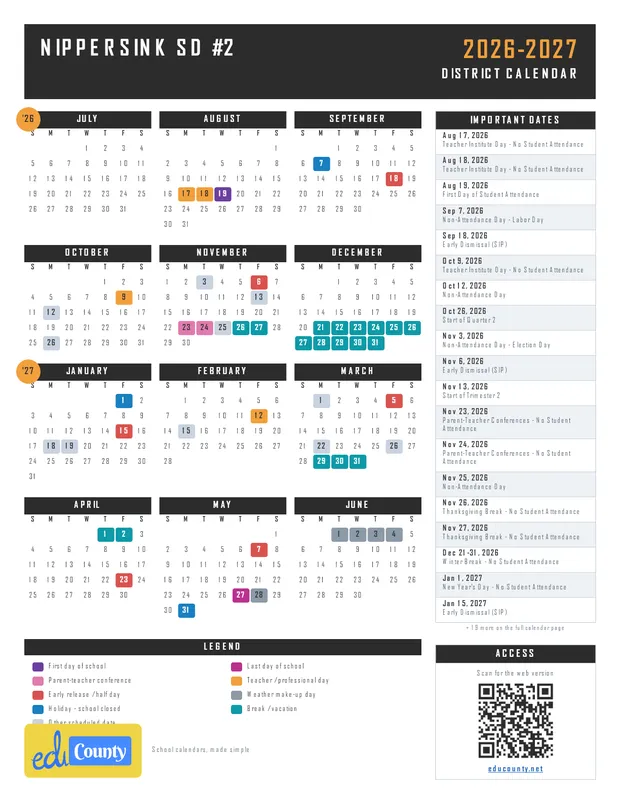 Nippersink SD #2 printable 2026-27 calendar