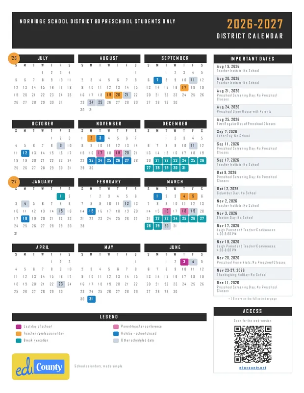 Norridge School District 80 Preschool Students Only printable 2026-27 calendar