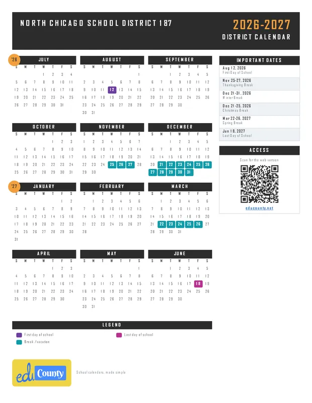 North Chicago School District 187 printable 2026-27 calendar