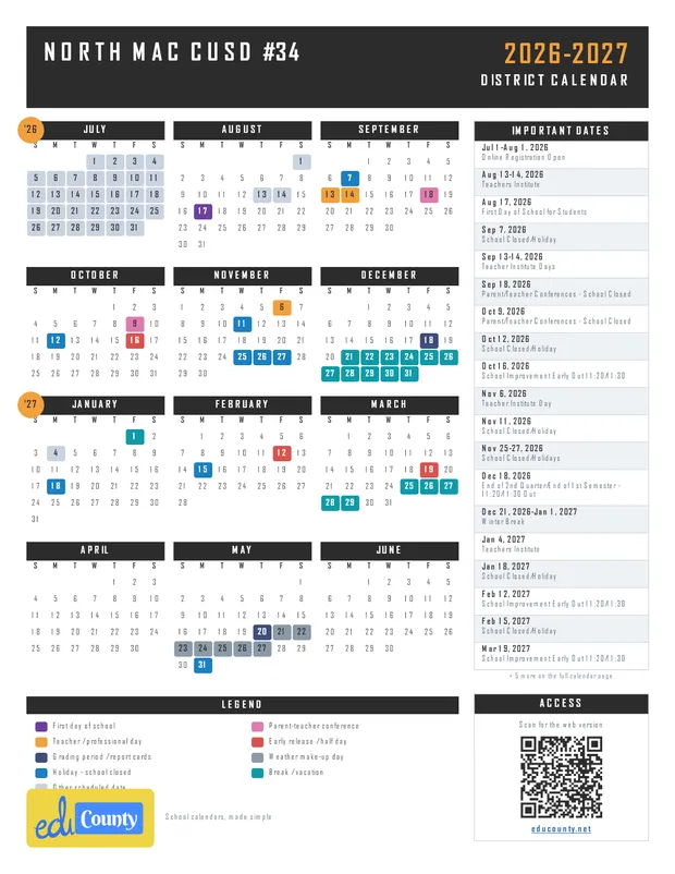 North Mac CUSD #34 printable 2026-27 calendar