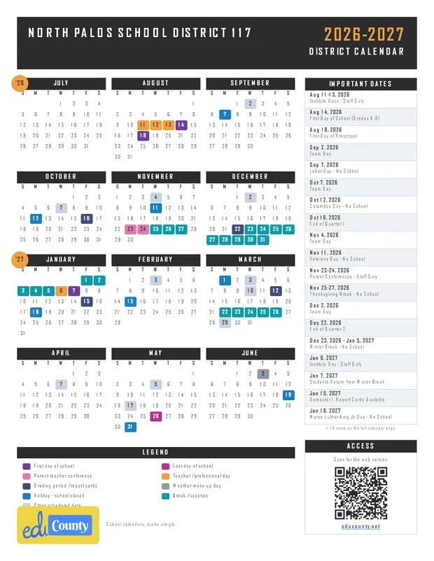 North Palos School District 117 printable 2026-27 calendar