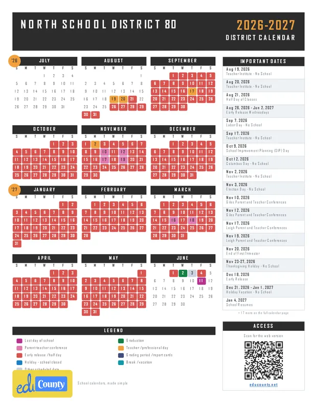North School District 80 printable 2026-27 calendar