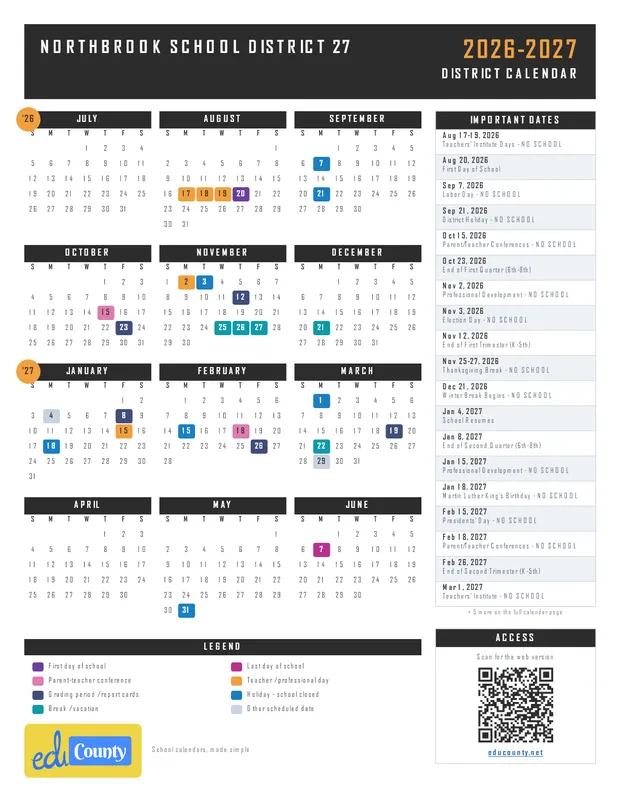 Northbrook School District 27 printable 2026-27 calendar