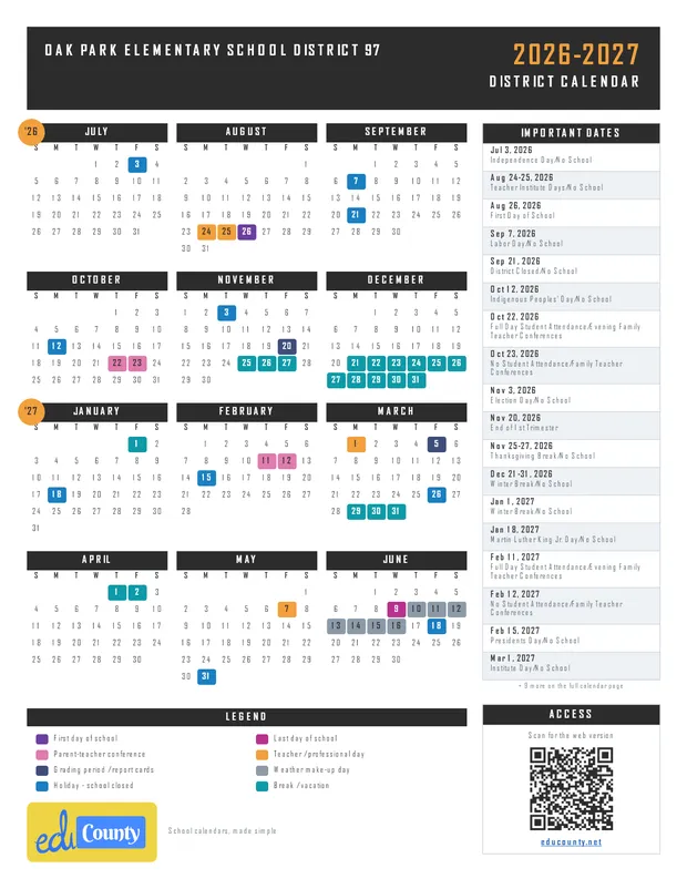 Oak Park Elementary School District 97 printable 2026-27 calendar