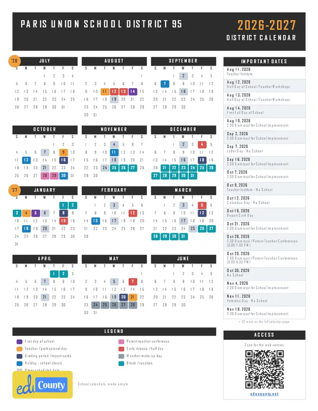 Paris Union School District 95 printable 2026-27 calendar