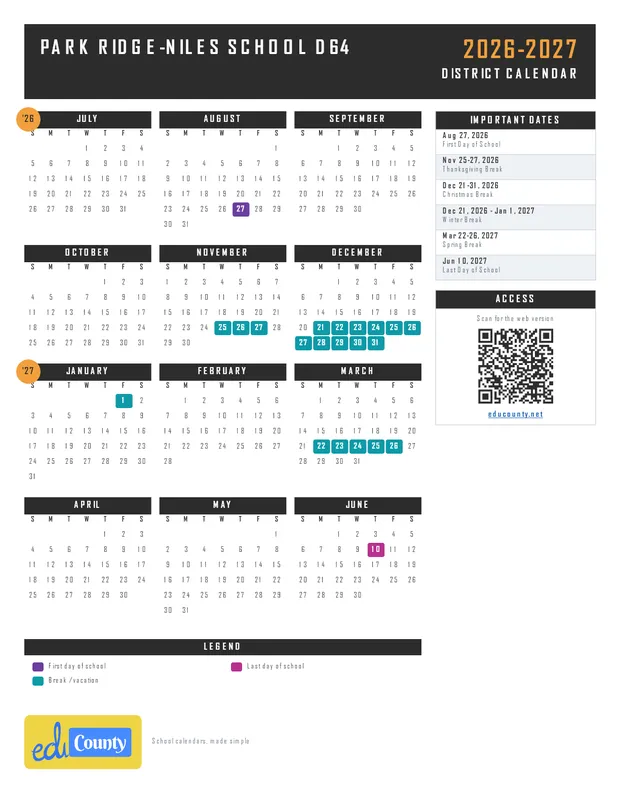 Park Ridge-Niles School D64 printable 2026-27 calendar