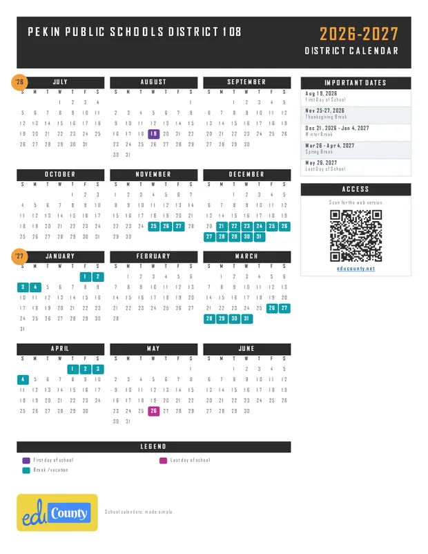 Pekin Public Schools District 108 printable 2026-27 calendar