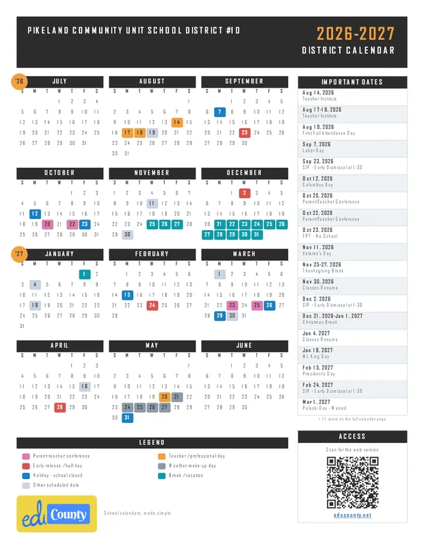 PIKELAND COMMUNITY UNIT SCHOOL DISTRICT #10 printable 2026-27 calendar