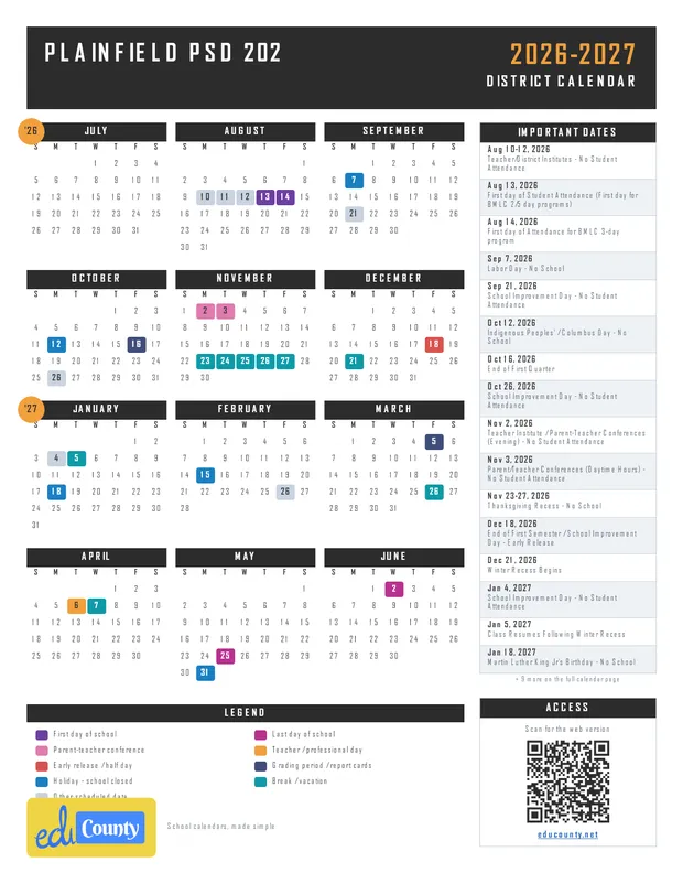 Plainfield PSD 202 printable 2026-27 calendar