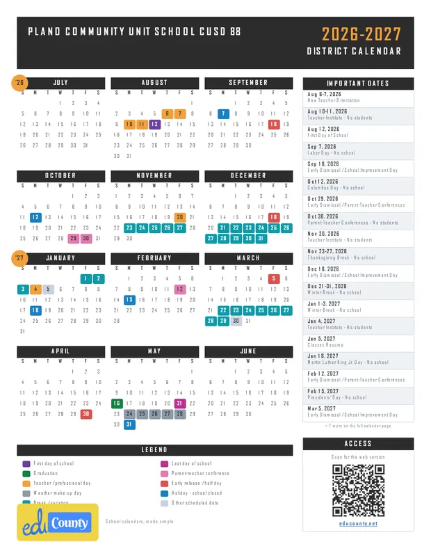Plano Community Unit School CUSD 88 printable 2026-27 calendar