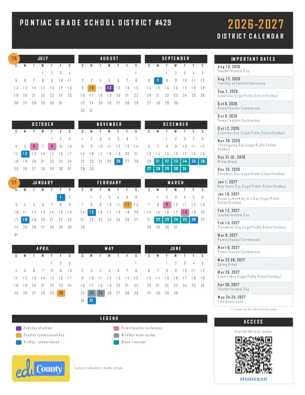 Pontiac Grade School District #429 printable 2026-27 calendar