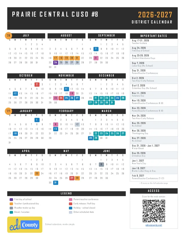 PRAIRIE CENTRAL CUSD #8 printable 2026-27 calendar