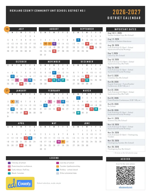 Richland County Community Unit School District No.1 printable 2026-27 calendar