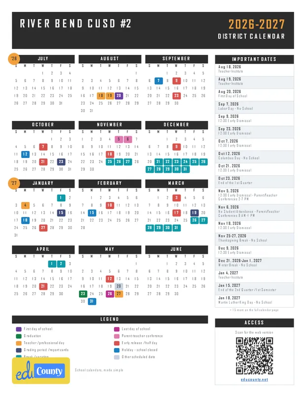 River Bend CUSD #2 printable 2026-27 calendar