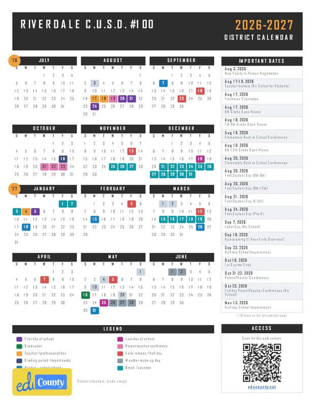 RIVERDALE C.U.S.D. #100 printable 2026-27 calendar