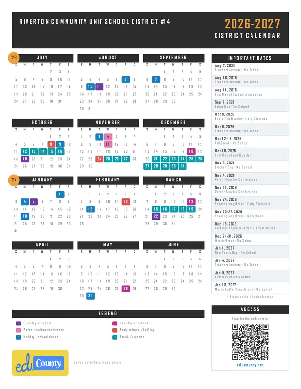 RIVERTON COMMUNITY UNIT SCHOOL DISTRICT #14 printable 2026-27 calendar