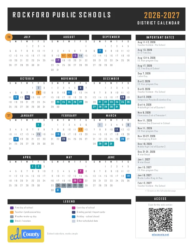 Rockford Public Schools RPS printable 2026-27 calendar