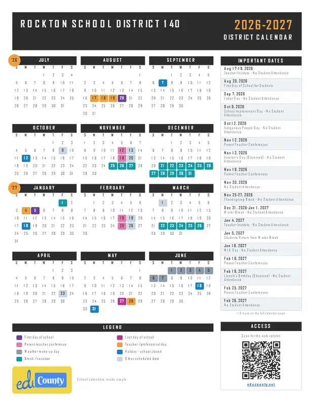 ROCKTON SCHOOL DISTRICT 140 printable 2026-27 calendar