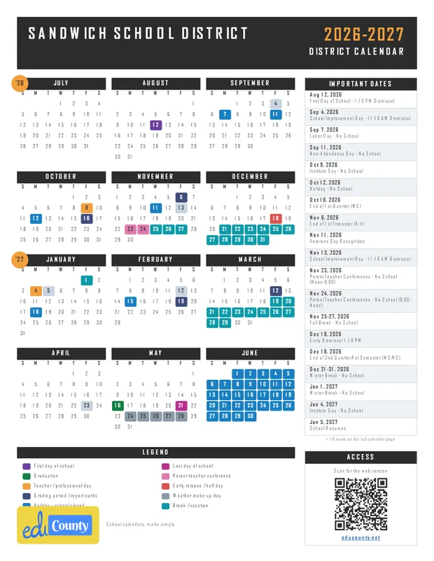 Sandwich School District printable 2026-27 calendar