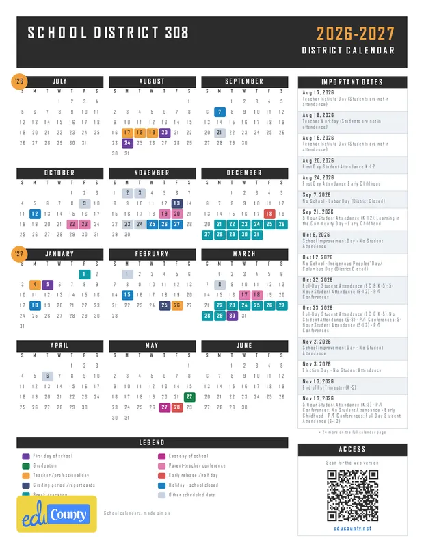 School District 308 printable 2026-27 calendar