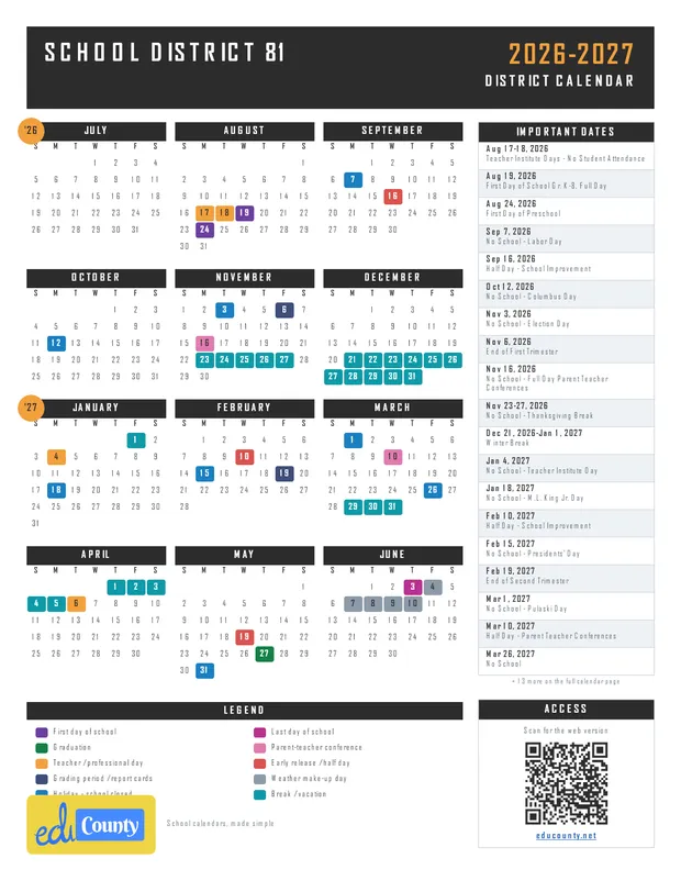 School District 81 printable 2026-27 calendar